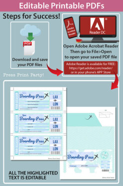 Boarding Pass Template pdf w. Holder Editable Text Printable, Vacation Surprise Trip, Gift Voucher Flight Airline Ticket, Teal, INSTANT DOWNLOAD