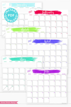 January, February, March, April, May, June, 2021 Monthly Printable Calendar Template, Brush Stokes Design, Bullet Journal Calendar Download, Monthly Planner, Sunday, INSTANT DOWNLOAD