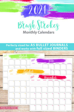 2021 Monthly Printable Calendar Template, Brush Stokes Design, Bullet Journal Calendar Download, Monthly Planner, Sunday, INSTANT DOWNLOAD