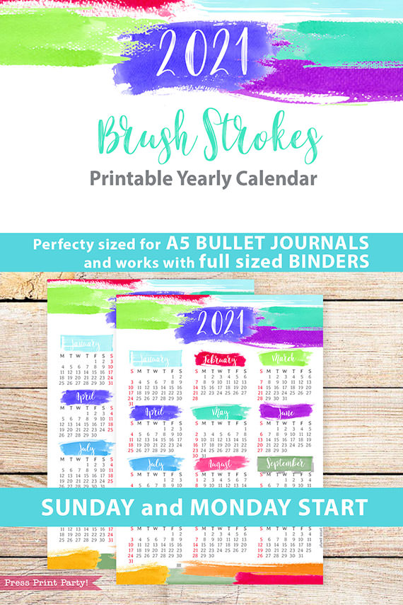 2021 Yearly Calendar Template Printable, Brush Strokes Design, Bullet Journal Printable Calendar Insert, One Page Calendar, INSTANT DOWNLOAD