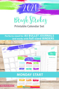 MONDAY Start 2021 Printable Calendar Template Set, Brush Strokes, Bullet Journal Printable Inserts, Monthly Calendar, INSTANT DOWNLOAD
