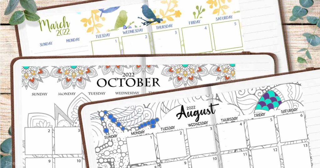 bullet journal calendars adult coloring calendar pages monthly calendar, mandala, watercolor press print party