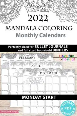 MONDAY Start 2021-2022 Monthly Calendar Printable, Monthly Planner Template, Mandala Coloring Pages, Bullet Journal, INSTANT DOWNLOAD press print party