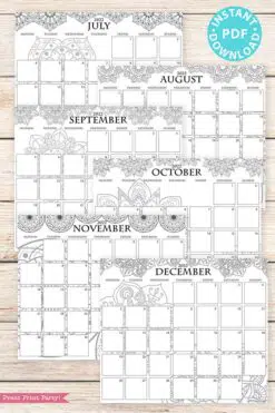 MONDAY Start 2021-2022 Monthly Calendar Printable, Monthly Planner Template, Mandala Coloring Pages, Bullet Journal, INSTANT DOWNLOAD press print party