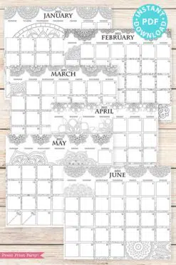 MONDAY Start 2021-2022 Monthly Calendar Printable, Monthly Planner Template, Mandala Coloring Pages, Bullet Journal, INSTANT DOWNLOAD press print party