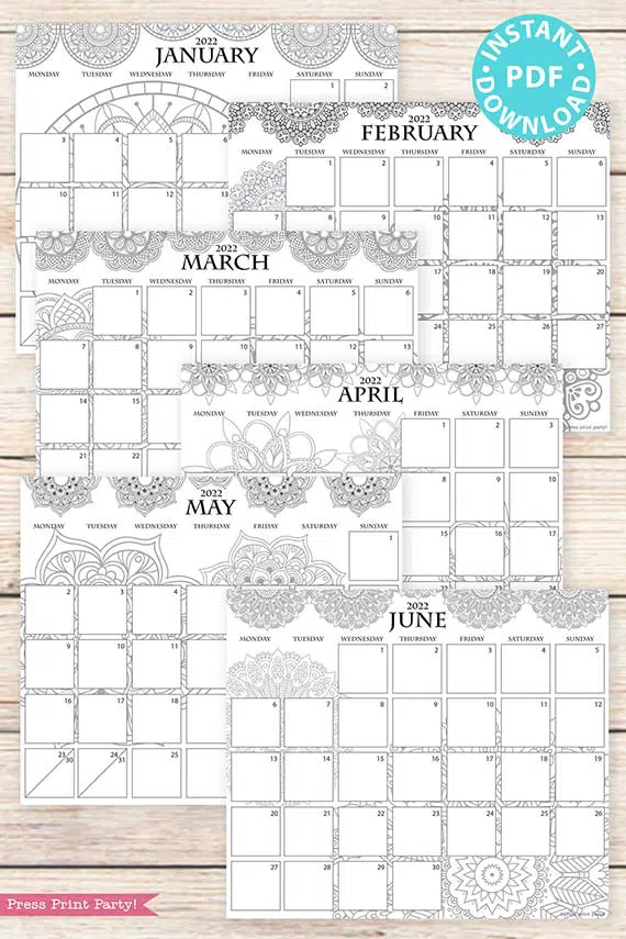 MONDAY Start 2021-2022 Monthly Calendar Printable, Monthly Planner Template, Mandala Coloring Pages, Bullet Journal, INSTANT DOWNLOAD press print party