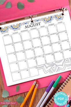 MONDAY Start 2021-2022 Monthly Calendar Printable, Monthly Planner Template, Mandala Coloring Pages, Bullet Journal, INSTANT DOWNLOAD press print party