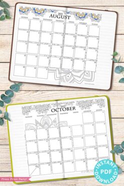 MONDAY Start 2021-2022 Monthly Calendar Printable, Monthly Planner Template, Mandala Coloring Pages, Bullet Journal, INSTANT DOWNLOAD press print party