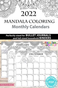 2021-2022 Monthly Calendar Printable, Monthly Planner Template, Mandala Coloring, Bullet Journal, Sunday, INSTANT DOWNLOAD press print party