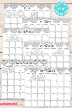 2021-2022 Monthly Calendar Printable, Monthly Planner Template, Mandala Coloring, Bullet Journal, Sunday, INSTANT DOWNLOAD press print party