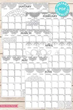 2021-2022 Monthly Calendar Printable, Monthly Planner Template, Mandala Coloring, Bullet Journal, Sunday, INSTANT DOWNLOAD press print party