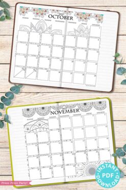 2021-2022 Monthly Calendar Printable, Monthly Planner Template, Mandala Coloring, Bullet Journal, Sunday, INSTANT DOWNLOAD press print party