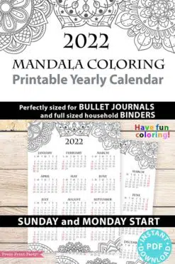 2022 Yearly Calendar Template Printable, Mandala Coloring, Bullet Journal Printable Calendar Insert, One Page Calendar, INSTANT DOWNLOAD press print party