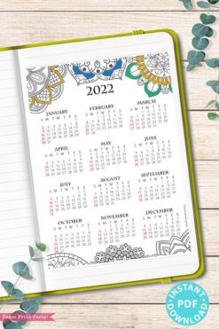 2022 Yearly Calendar Template Printable, Mandala Coloring, Bullet Journal Printable Calendar Insert, One Page Calendar, INSTANT DOWNLOAD press print party