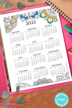 2022 Yearly Calendar Template Printable, Mandala Coloring, Bullet Journal Printable Calendar Insert, One Page Calendar, INSTANT DOWNLOAD press print party