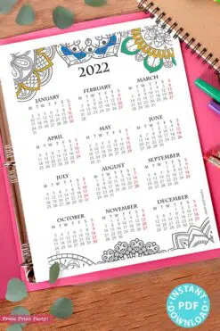 2022 Yearly Calendar Template Printable, Mandala Coloring, Bullet Journal Printable Calendar Insert, One Page Calendar, INSTANT DOWNLOAD press print party