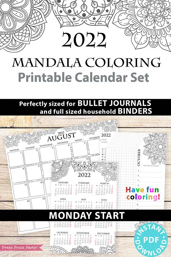MONDAY Start 2022 Printable Calendar Template Set, Mandala Coloring, Bullet Journal Printable, Monthly and Daily Routine, INSTANT DOWNLOAD