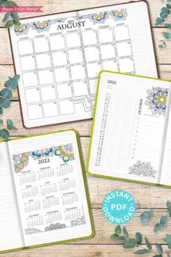 MONDAY Start 2022 Printable Calendar Template Set, Mandala Coloring, Bullet Journal Printable, Monthly and Daily Routine, INSTANT DOWNLOAD