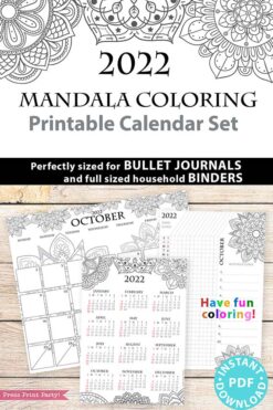 2022 Printable Calendar Template Set, Mandala Coloring, Bullet Journal Inserts, Monthly Calendar, Daily Routine Tracker, INSTANT DOWNLOAD press print party