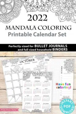 2022 Printable Calendar Template Set, Mandala Coloring, Bullet Journal Inserts, Monthly Calendar, Daily Routine Tracker, INSTANT DOWNLOAD press print party