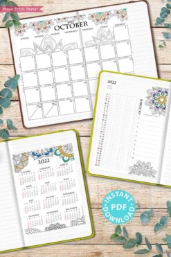 2022 Printable Calendar Template Set, Mandala Coloring, Bullet Journal Inserts, Monthly Calendar, Daily Routine Tracker, INSTANT DOWNLOAD press print party