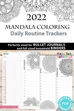 2021-2022 Daily Routine Printables, Habit Tracker Printable, Mandala Coloring, Bullet Journal, Daily Tracker Goal Planner, INSTANT DOWNLOAD press print party