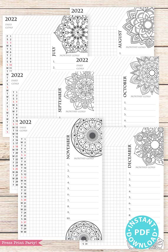 2021-2022 Daily Routine Printables, Habit Tracker Printable, Mandala Coloring, Bullet Journal, Daily Tracker Goal Planner, INSTANT DOWNLOAD press print party