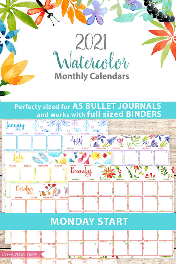 MONDAY Start 2021 Monthly Printable Calendars, Watercolor ...