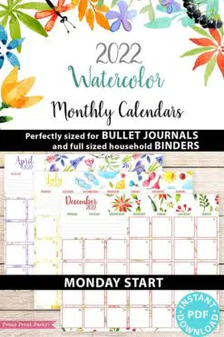 MONDAY Start 2021-2022 Monthly Calendar Printable, Monthly Planner Template, Colorful Watercolor Designs, Bullet Journal, INSTANT DOWNLOAD Press print Party
