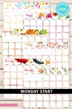 MONDAY Start 2021-2022 Monthly Calendar Printable, Monthly Planner Template, Colorful Watercolor Designs, Bullet Journal, INSTANT DOWNLOAD Press print Party