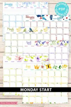 MONDAY Start 2021-2022 Monthly Calendar Printable, Monthly Planner Template, Colorful Watercolor Designs, Bullet Journal, INSTANT DOWNLOAD Press print Party