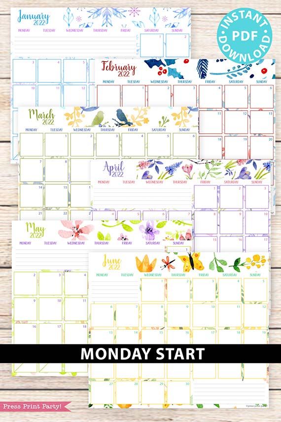 MONDAY Start 2021-2022 Monthly Calendar Printable, Monthly Planner Template, Colorful Watercolor Designs, Bullet Journal, INSTANT DOWNLOAD Press print Party