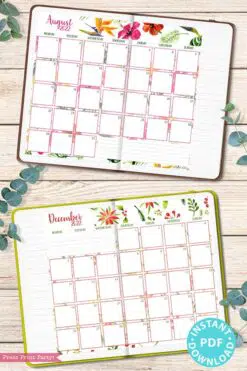 MONDAY Start 2021-2022 Monthly Calendar Printable, Monthly Planner Template, Colorful Watercolor Designs, Bullet Journal, INSTANT DOWNLOAD Press print Party