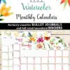 2022 Monthly Calendar Printable, Monthly Planner Template, Colorful Watercolor Designs, Bullet Journal, Sunday, INSTANT DOWNLOAD Press Print Party!