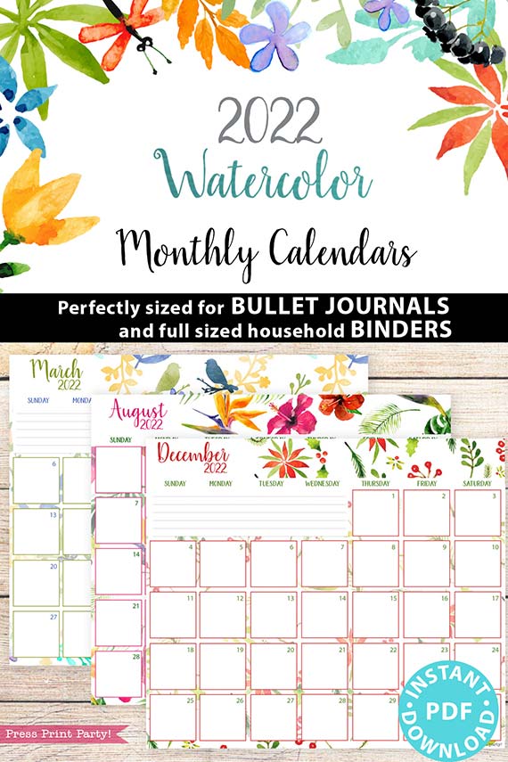 2022 Monthly Calendar Printable, Monthly Planner Template, Colorful Watercolor Designs, Bullet Journal, Sunday, INSTANT DOWNLOAD Press Print Party!