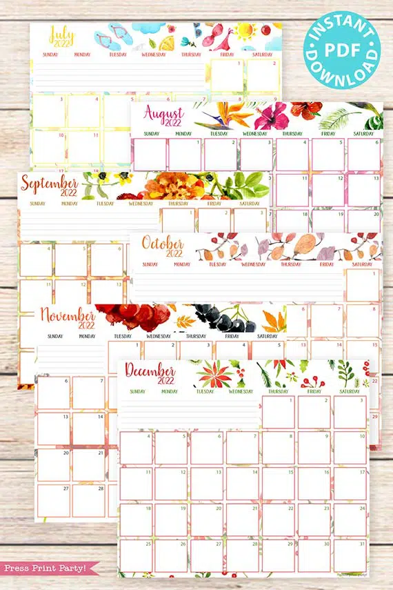 2022 Monthly Calendar Printable, Monthly Planner Template, Colorful Watercolor Designs, Bullet Journal, Sunday, INSTANT DOWNLOAD Press Print Party!