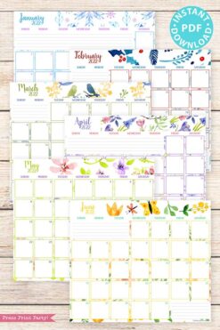 2022 Monthly Calendar Printable, Monthly Planner Template, Colorful Watercolor Designs, Bullet Journal, Sunday, INSTANT DOWNLOAD Press Print Party!