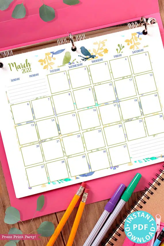 2022 Monthly Calendar Printable, Monthly Planner Template, Colorful Watercolor Designs, Bullet Journal, Sunday, INSTANT DOWNLOAD printed in binder Press Print Party!