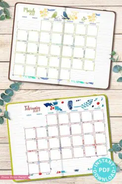 2022 Monthly Calendar Printable, Monthly Planner Template, Colorful Watercolor Designs, Bullet Journal, Sunday, INSTANT DOWNLOAD pasted on bullet journal calendars Press Print Party!