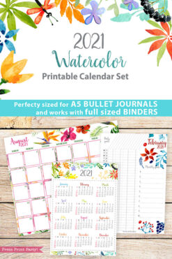 2021 Printable Calendar Template Set, Watercolor design, Bullet Journal Printable, Inserts, Monthly Calendar Daily Routine, INSTANT DOWNLOAD