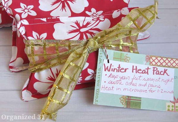 winter heat pack rice packs with a bow and a tag.