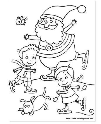 santa skating on ice with kids and a dog coloring page