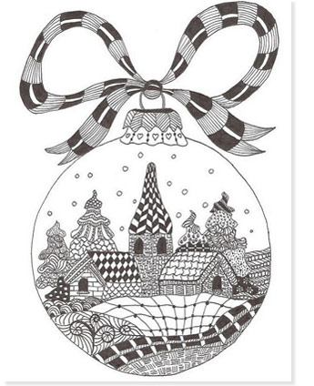 zentangle coloring page christmas of a village in a bulb