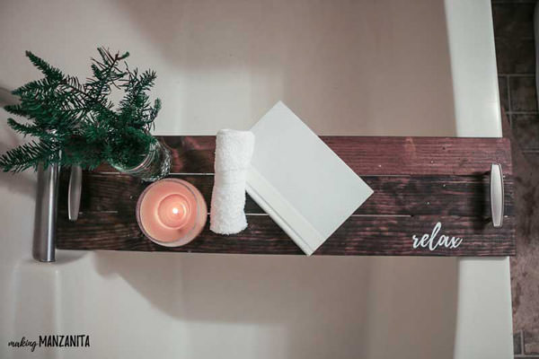 wooden tray over bathtub