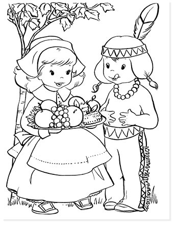 pilgrim girl and indian free coloring page for thanksgiving