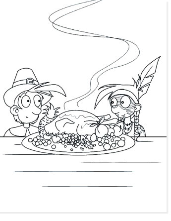 pilgrim and indian with thanksgiving turkey free coloring pages