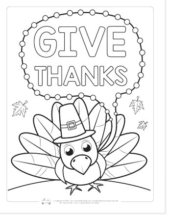 turkey coloring page with bubble with Give Thanks