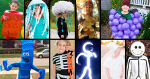 last minute halloween diy costumes for kids - led stick man, flailing arm man, skeleton, stick figures, lamb, jellyfish, owl, ghost.