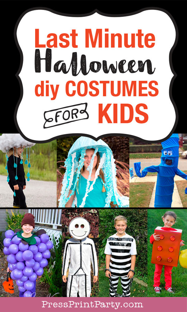 Last minute Halloween diy costumes for kids. raindrops, jellyfish, flailing arms man, grapes, stick figure, prisoner and lego.