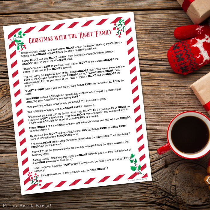 The left right game christmas story printed on paper on a wood table